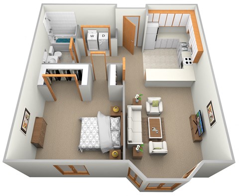 a 3d floor plan with a bedroom and living room